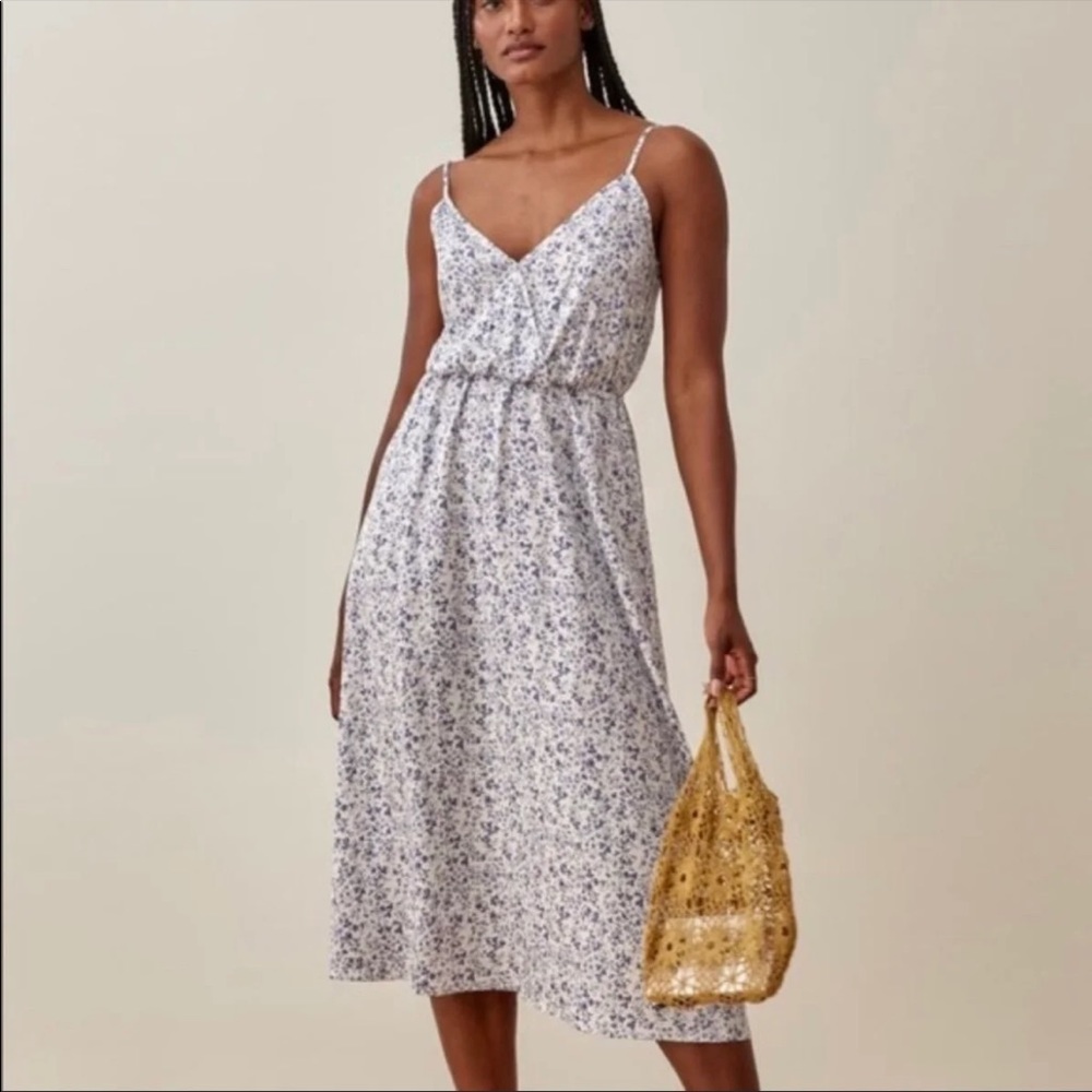 Reformation floral white & blue midi Bianka dress, size 10
